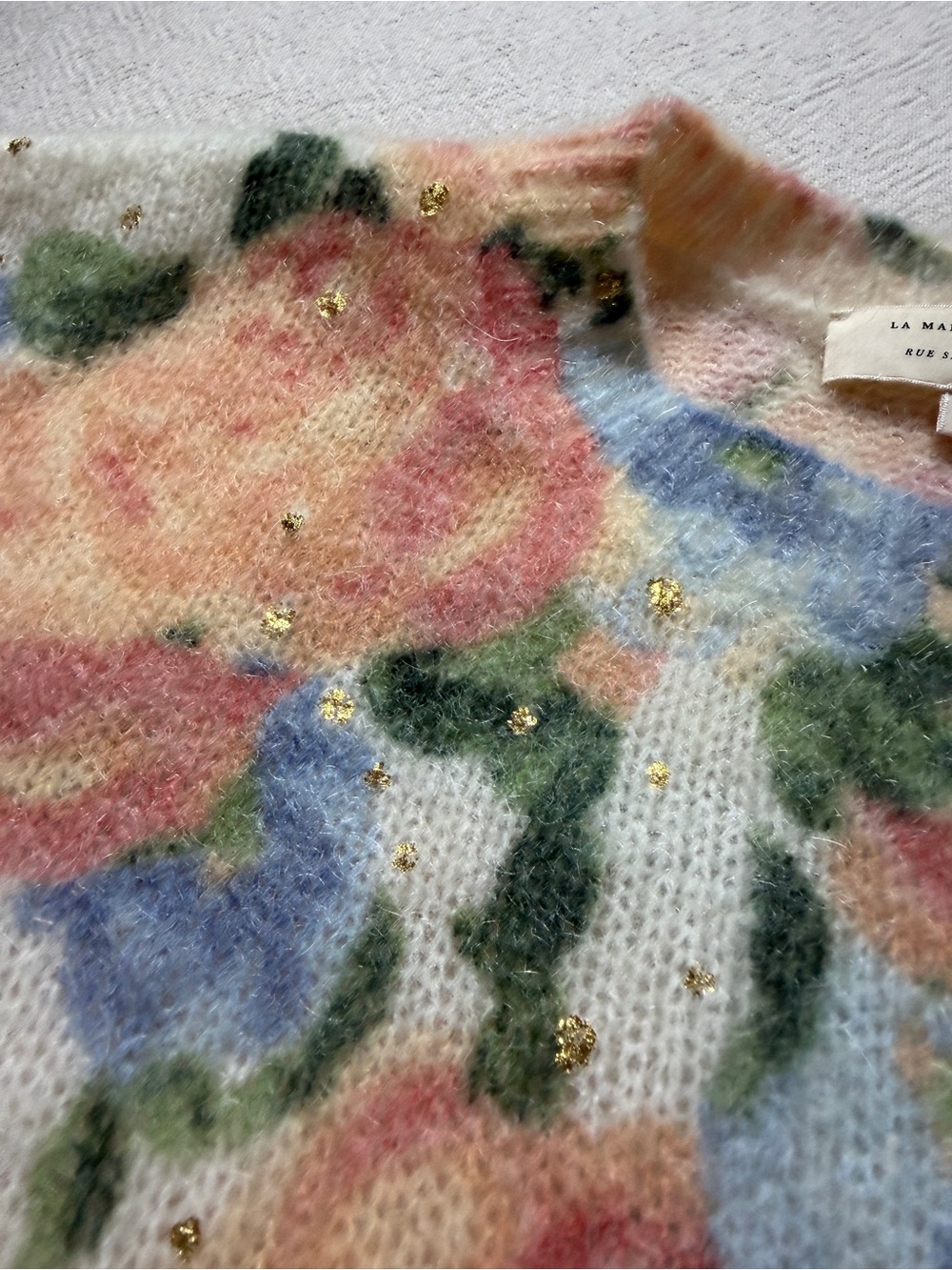 Sézane Malory Mohair Wool Pastel Roses Gold Flecked Sweater L Whimsy Boho Fall - Picture 5 of 9